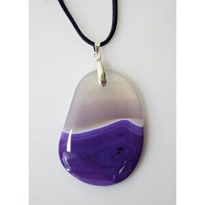 Agate Stone Pendant Statement Necklace Purple Clear White Stripe ~ Unique Gift